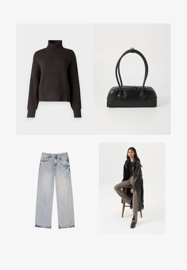 Giacca di pelle rossa con una cerniera frontale asimmetrica, colletto ampio e due tasche laterali, esposta su uno sfondo bianco.; Samsøe Samsøe NOLA - Maglione - chocolate torte; Jeans in denim azzurro chiaro con design a gamba dritta, caratterizzati da dettagli strappati, cinque tasche e cuciture in evidenza.; Cappotto lungo in pelle nera con dettagli di bottoni e cintura, abbinato a pantaloni aderenti marrone chiaro e mocassini neri, seduto su uno sgabello di legno.; Borsa a mano in pelle nera con due manici allungati, chiusura con zip e forma rotonda; texture liscia con finitura leggermente lucida.