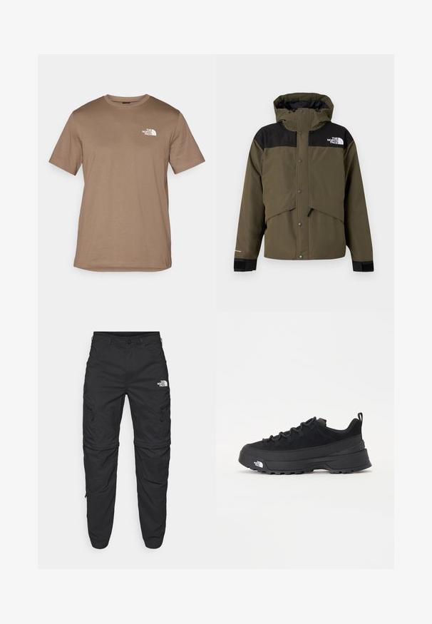 Oliviroheline jakk mustade detailidega, esiküljel tõmblukk, kahetone kangas, reguleeritav kapuuts ja elastsed varrukaservad. Rinnal on logo.; Pruun lühikeste varrukatega T-särk, mis on valmistatud puuvillast ja millel on ribapitsist ümar kaelus. Esiküljel on vasakpoolsel rinnal väike valge logo.; The North Face EXPLORATION TAPERED CONVERTIBLE - Õuepüksid - black; Must musta jalats, millel on sametised ülemused, tekstuuriga kummist põhi ja vastupidav sidumise süsteem. Omab tugevdust kannaosas ja brändi logo küljes.