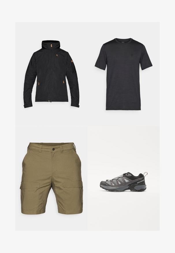 Svart utendørsjakke med hette, med glidelås foran og to side-lommer. Teksturert stoff med brune detaljer.; Svart kortermet t-skjorte laget av glatt, lett stoff. Har rund hals og et brodert logo på brystet.; Cargo-shorts i olivengrønn, med knappeåpning, to frontlommer og to sidelommer med klaffer. Teksturet stoff.; Sportsko sko med et strømlinjeformet design, grå syntetisk overdel med mesh-paneler, svarte detaljer og gummisåle med utpreget grep.