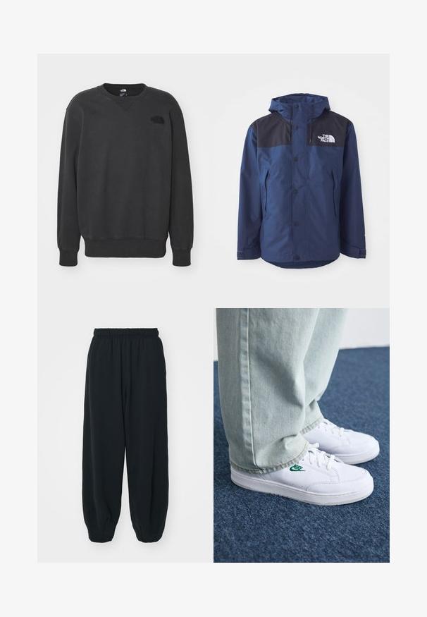 Tumed sinine veekindel jakk musta ülemise paneeliga, lõppnupud, reguleeritav kapuuts ja küljetaskud. Omab The North Face logo.; Mustaga puuvillasegune dressipluus, millel on ümar kaelus, pikad varrukad, ribitud mansetid ja väike logo rinnal.; Mustade elastse vöökoha ja laia lõikega dressipüksid, mansetiga sääred, sile tekstuur ning ilma nähtavate mustrite või detailideta.; Valged nahast tennisetossud rohelise Nike logo ja ümarate varvastega, lamedate taldadega, koos helesiniste teksapükstega, esitatud sinisel vaibal.