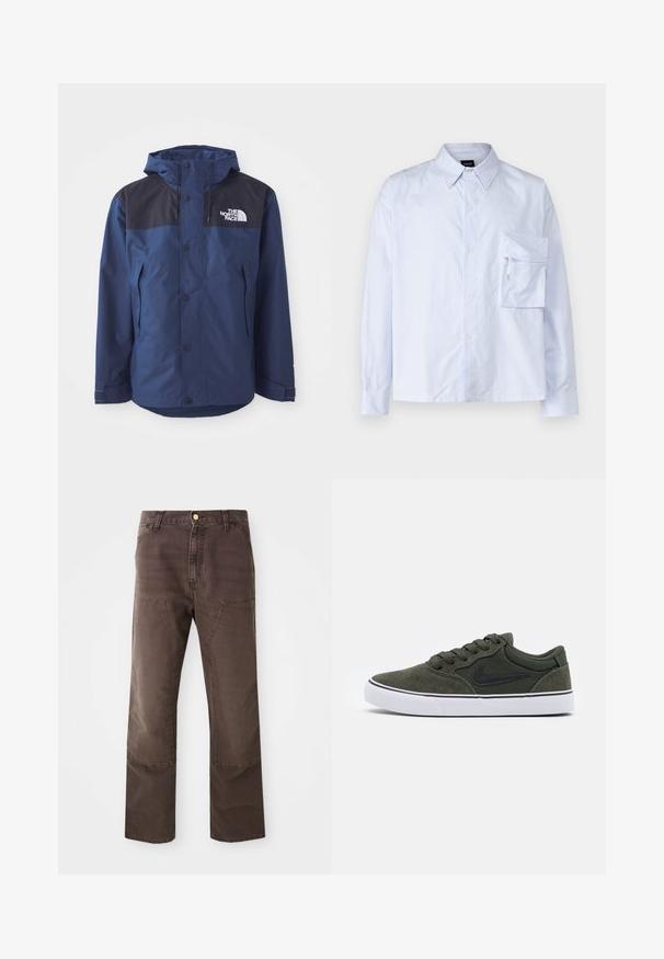 Chaqueta impermeable de color azul marino con panel superior negro, botones a presión, capucha ajustable y bolsillos laterales. Presenta el logo de The North Face.; Camisa de botones a rayas en azul claro y blanco, hecha de algodón. Presenta un bolsillo en el pecho y un cuello clásico. Mangas largas con puños abotonados.; Pantalones rectos marrones de mezcla de algodón. Con bolsillos de parche en la parte frontal y costuras en contraste. Terminados con un cierre clásico de botón.; Zapatillas de ante verde con toques negros y suela de goma blanca; cuentan con cordones, cuello acolchado y un logotipo lateral. Textura suave, diseño de corte bajo.