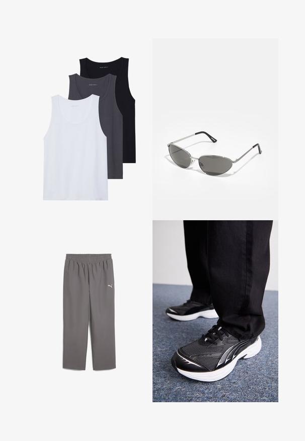 Tengerészkék vízhatlan dzseki fekete felső panellel, patentgombokkal, állítható kapucnival és oldalsó zsebekkel. A North Face logóval rendelkezik.; Három ujjatlan felső kiállítva: egy fehér, egy sötétszürke és egy fekete. Puha anyagból készült, lekerekített nyakkivágással és szembetűnő minták nélkül.; Szürke sportnadrág, rugalmas derékrésszel, könnyű anyagból készült. A bal lábon egy kis fehér logó található.; Fekete sportcipők hálós anyagból, fehér talppal és fekete részletekkel. A talpa textúrázott. Fekete nadrággal viselve, kék szőnyegen.; Sötétített lencsékkel rendelkező napszemüveg, elegáns, ezüst színű fém vázzal, aerodinamikus kialakítással, hegyes szélekkel és vékony szárakkal.