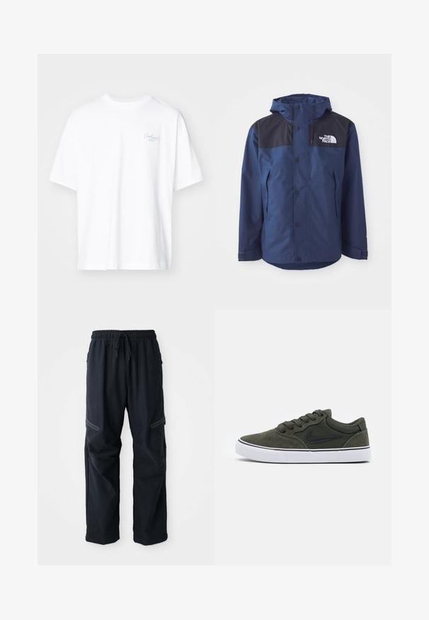 Marineblå vanntett jakke med svart overdel, trykknapper, justerbar hette og sidelommer. Har The North Face-logo.; Carhartt WIP SIGNATURE SCRIPT - T-shirts - white/dusty ice; Svarte avslappede bukser med elastisk midje, snøring og glidelåslommer på hvit bakgrunn.; Grønne semskede sneakers med sorte detaljer og hvide gummisåler; har snørebånd, polstret krave og et logo på siden. Glat tekstur, lavt design.