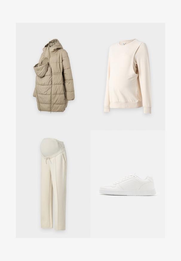Beige gewatteerde jas met capuchon, voorzien van een voorzak voor een baby. Het ontwerp omvat verticale gestikte panelen en een ritssluiting.; Beige zwangerschaps sweatshirt met lange mouwen, ronde hals en zijpaneel voor het opvangen van een groeiende buik. Glad katoen met een geribbelde zoom.; Lichtbeige zwangerschapsbroek met een rekbare tailleband, een trekkoord detail en twee zijzakken. Gemaakt van zachte, rekbare stof.; Witte sneaker van glad synthetisch materiaal, met een ronde neus, vetersluiting, platte zool en subtiele geperforeerde details.