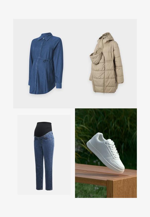 Bēšas pildītas virsjakas ar kapuci, kurai ir priekšējais kabata zīdainim. Dizainā iekļauti vertikālie quiltēti paneļi un vizuļa aizdare.; Džinsu krekls: Zils, garām piedurknēm, ar apkakli, pogu aizdari un jostasvietu. Tam ir izliekta apakšmalda un mīksts, teksturēts audums.; Māmiņu džinsi ar zilu denima kājām un melnu elastīgu vēdera paneli, kas izstrādāts, lai atbalstītu un nosegtu augošu vēderu.; Baltie sporta apavi ar gludu sintētisku augšpusi, perforētu pirkstu daļu, plakani šņorēm un rakstainu zoli, novietoti uz koka virsmas.