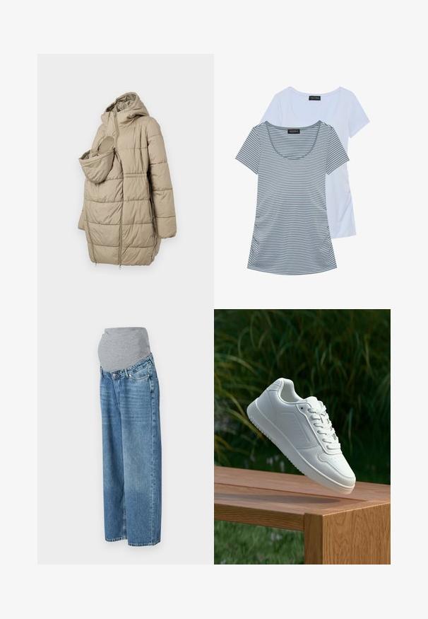 Abrigo acolchado beige con capucha, que cuenta con un bolsillo frontal para un niño pequeño. El diseño incluye paneles acolchados verticales y cierre de cremallera.; Dos camisetas: una de un azul claro sólido y la otra gris con rayas horizontales. Ambas cuentan con un escote en forma de barco y mangas cortas.; Jeans de maternidad con una cinturilla elástica gris y tejido de denim azul. Diseño de pierna ancha, de tiro medio, con bolsillos frontales y un desvanecimiento sutil.; Zapatilla blanca con un upper sintético suave, caja de dedos perforada, cordones planos y una suela texturizada, exhibida sobre una superficie de madera.