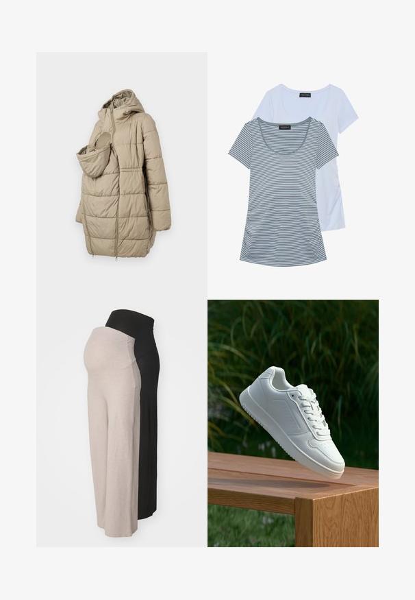 Manteau matelassé beige avec capuche, doté d'une poche avant pour un nourrisson. Le design comprend des panneaux matelassés verticaux et une fermeture éclair.; Deux t-shirts : l'un est d'un bleu clair uni, l'autre est gris avec des rayures horizontales. Les deux ont un décolleté en forme de scoop et des manches courtes.; Pantalons de maternité en beige et noir. Fabriqués en tissu doux, dotés d'une taille extensible pour plus de confort, avec une coupe décontractée et sans motifs visibles.; Sneakers blanches avec une tige synthétique lisse, un avant perforé, des lacets plats et une semelle texturée, présentées sur une surface en bois.