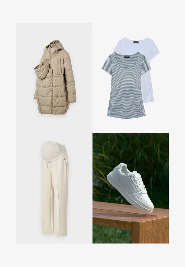 Bēšas pildītas virsjakas ar kapuci, kurai ir priekšējais kabata zīdainim. Dizainā iekļauti vertikālie quiltēti paneļi un vizuļa aizdare.; Divas divām t-krekliem: viens viendabīgi gaiši zils, otrs pelēks ar horizontālām svītrām. Abiem ir apaļa kakla izgriezums un īsas piedurknes.; Gai bēša grūtniecības bikses ar elastīgu jostu, aukliņu detaļu un divām sānu kabatām. Izgatavotas no mīksta, elastīga auduma.; Baltie sporta apavi ar gludu sintētisku augšpusi, perforētu pirkstu daļu, plakani šņorēm un rakstainu zoli, novietoti uz koka virsmas.