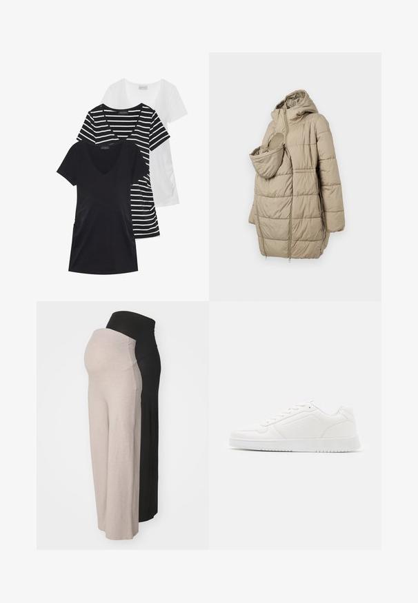 Bēšas pildītas virsjakas ar kapuci, kurai ir priekšējais kabata zīdainim. Dizainā iekļauti vertikālie quiltēti paneļi un vizuļa aizdare.; Trīs T-krekli: viens pilnīgi melns, viens balts un viens ar melnbaltām svītrām. Visiem ir īsas piedurknes un V veida dekoltē.; Grūtnieču bikses bēšā un melnā krāsā. Izgatavotas no mīksta auduma, ar elastīgu jostu komfortam, ar brīvu griezumu un bez redzamām rakstu. ; Balti sporta apavi, izgatavoti no gludas sintētiskās materiāla, ar apaļu purngali, auklu slēgšanu, plakanu zoli un smalkiem perforētiem detalizējumiem.