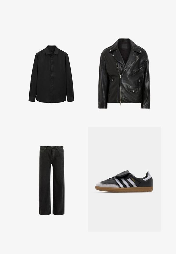 Czarna skórzana kurtka motorowa z srebrnymi zamkami, zatrzaskami i wieloma kieszeniami. Posiada szeroki kołnierz oraz dopasowany krój.; Czarna koszula z długim rękawem wykonana z fakturowanej tkaniny; ma wszechstronny kołnierzyk oraz zapięcie na guziki z przodu. Prosty design, bez wzorów.; Czarne dżinsy o szerokich nogawkach z wysokim stanem, z klasycznym pięciopunktowym krojem oraz delikatnym wyblaknięciem dla uzyskania teksturowanego wyglądu.; Czarne skórzane i szare zamszowe sneakersy z białymi paskami, gumową podeszwą, sznurowanym przodem oraz rzepem. Charakteryzują się złotym logo "Samba".