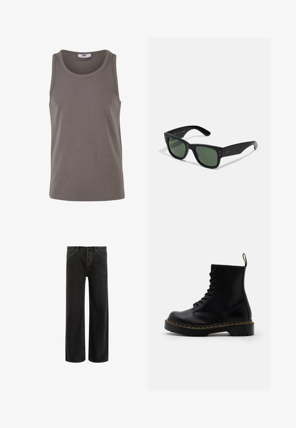 Juodasis odinis motociklininko švarkas su sidabriniais užtrauktukais, užsegimais ir keliais kišenėmis. Yra plati apykaklė ir prigludęs fasonas.; Pilkos juostelės liemenėlė su apvaliu iškirpimu ir plačiomis rankovėmis. Pagaminta iš tamprios medžiagos, ji turi įprastą siluetą ir minimalų dizainą.; Juodi džinsai plačiomis kojomis su aukštu liemeniu, su klasikinio penkių kišenių dizainu ir švelniu prasiskverbimu dėl tekstūruotos išvaizdos.; Juodi odiniai auliniai batai su raištelių priekiu, geltonu siuvimu, apvaliu pirštu ir storu, tekstūruotu guminio pado.; Juodos stačiakampės saulės akinių rėmelių su žaliais lęšiais, matinio paviršiaus, subtiliais detalėmis ir iškilniu logotipu ant šventyklos.