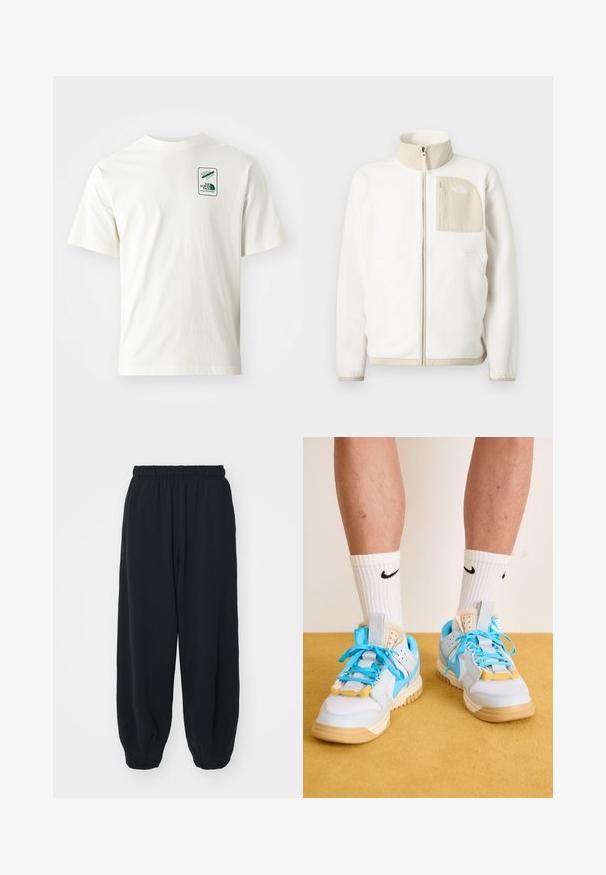 Valkoinen fleece-takki, jossa on beiget vetoketjullinen tasku, korkea kaulus ja hienovarainen logo rinnassa. Tasainen pinta ja moderni leikkaus.; Valkoinen puuvillapaita lyhyillä hihoilla, jossa on vihreä logo-painatus vasemmassa yläkulmassa. Kankaan pinta on sileä ja pehmeä.; Mustat, elastisella vyötäröllä varustetut collegehousut, joissa on löysä istuvuus, cuffattu lahje, sileä pinta ja ilman näkyviä kuvioita tai varusteita.; Vaaleansinisiä lenkkareita, joissa on vaaleanruskeat pohjat, erottuvat turkoosit narut ja keltaiset korostukset. Teksturoitu materiaali ja näkyvät ilmapatjaukset.