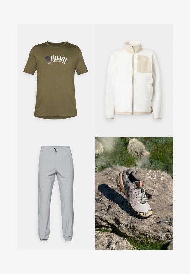 White fleece jacket featuring a beige zippered pocket, high collar, and a subtle logo on the chest. Smooth texture with a modern cut.; Olive green cotton t-shirt, crew neck, short sleeves, featuring white and navy print text and a logo on the front. Lightweight fabric.; The North Face WIND PANT - Outdoor trousers - monument grey; Light gray trail running shoe with beige accents, textured upper, black laces, and pronounced tread on the sole. Features brand logo.