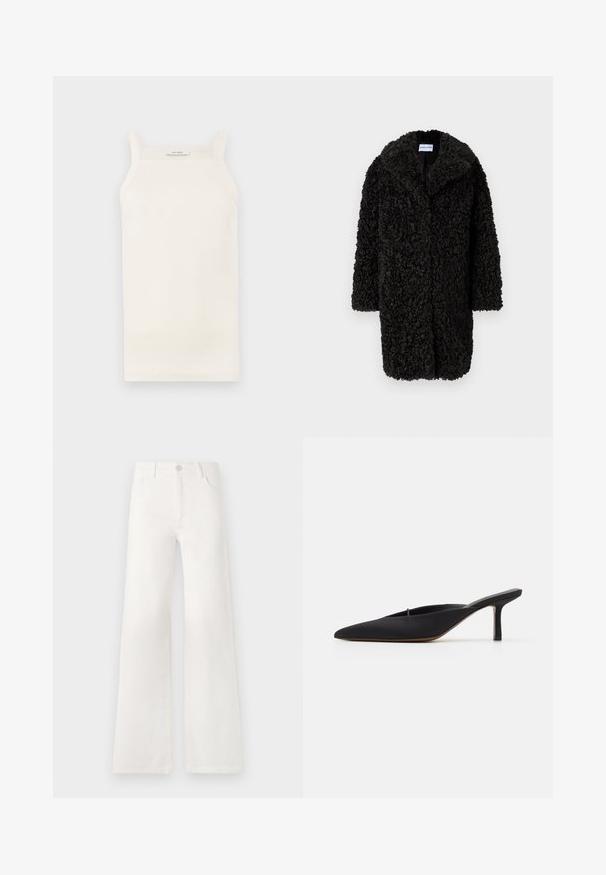 Mustad tekstuuriga lokkis sünteetilisest karusnahast pikk jope, millel on laiad kraed ja pikad varrukad, ripub tavalise valge tausta ees.; Kreemjas soonik, millel on õhukesed rihmad, keha lähedane lõige ja sirge ääre. Sildi peal on tekst "IVY OAK." Materjal näib olevat pehme ja veniv.; Valged, kõrge vöökohaga laiad teksad, mis on valmistatud denimist. Omab nupuga sulgemist, kahte esimest taskut ja külgede õmbluste detailseid õmblusi.; Mustad terava varbaga mool, millel on elegantne disain ja mis on valmistatud siledast kangast, sisaldab saledat kontsaga ja avatud tagumist osa mugavaks selga panemiseks.