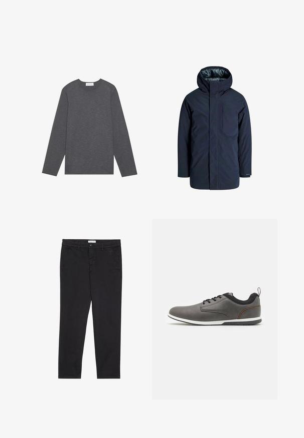 Jūrų mėlynos spalvos vandeniui atsparus švarkas su aukštu apykakle, reguliuojama gaubtu ir krūtine kišene. Lygus išorinis paviršius ir pamuštas vidus, užtikrinantis šilumą.; Pilnas rankovės pilkas marškinėliai, pagaminti iš minkštos medžiagos, su apvaliu kaklu ir laisvu siluetu, be matomų logotipų ar raštų.; Juodos medvilnės kelnės su siauru pjūviu, turinčios dvi šonines kišenes ir priekinį mygtuko užsegimą. Audinys tekstūruotas su subtiliomis detalėmis.; Pilki odiniai batai su juodais akcentais, suapvalintu pirštu, su raišteliais, balta padu ir mažu kilpeliu kulne.