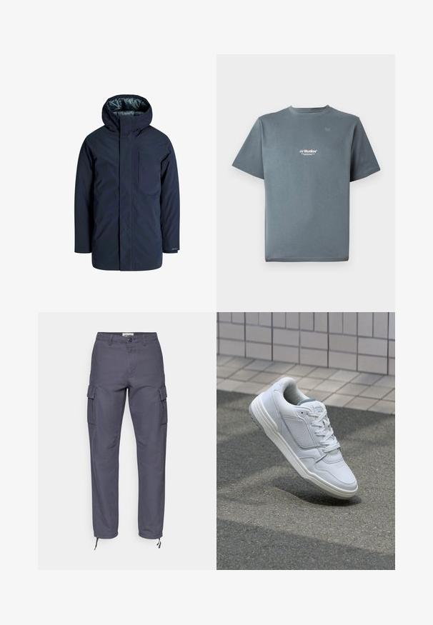 Námořnická vodotěsná bunda s vysokým límcem, nastavitelnou kapucí a náprsní kapsou. Hladký vnější povrch a podšívka pro tepelnou izolaci.; Šedé bavlněné tričko s kulatým výstřihem, krátkými rukávy a malým bílým logem "JJ Studios" na hrudi. Hladká textura a volnější střih.; Cargo kalhoty v tmavě šedé bavlně. Obsahují boční kapsy, zapínání na knoflík a nastavitelné manžety s šňůrkami. Rovný střih s bezproblémovou strukturou.; Bílé kožené tenisky s perforovanými stranami, texturovanými detaily, plochými tkaničkami a kontrastní šedou patou. Mají mírně zvýšenou podrážku.