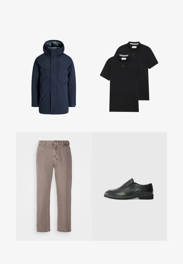 Granatowa wodoodporna kurtka z wysokim kołnierzem, regulowanym kapturem i kieszenią na piersi. Gładka zewnętrzna tekstura i podszewka wewnętrzna dla izolacji.; Dwie czarne koszulki polo z krótkim rękawem, wykonane z materiału bawełnianego, z klasycznym kołnierzykiem, z zapięciem na dwa guziki oraz białymi paskami wewnątrz kołnierza.; Brązowe spodnie proste z miękkiej mieszanki bawełny. Posiadają zapięcie na guzik, szlufki na pasek oraz boczne kieszenie. Minimalistyczny design.; Czarne skórzane buty wsuwane z gładką cholewką, przeszyciami, okrągłym noskiem i niskim gumowym obcasem. Podeszwa ma minimalny bieżnik.