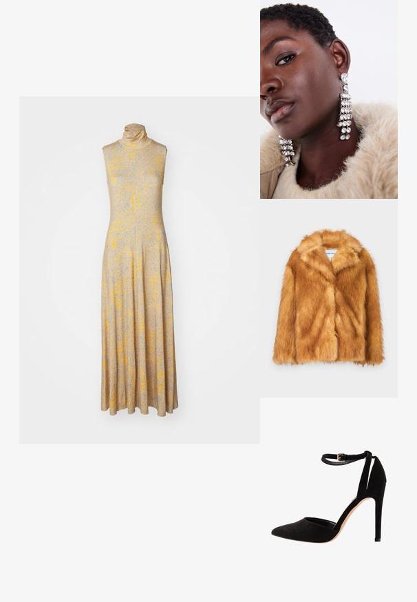 Lühike pruun künstlikarvane jope, millel on lai krae, avatud esiosa ja pehme, tekstuuriga pind, regulaarne lõige ning nähtamatud kinnitused puuduvad.; Õlavöödeta, kõrge kaelusega kleit helesinises kangas, millel on kollased ja sinised lillemustrid; põlvini ulatuv, laienev seelik, sile tekstuur.; Roheline ja tume sinine muster, ilma varrukateta kõrge kaelusega top, millel on tekstuuriline, orgaaniline disain. Pehme kangas ja mugav lõige.; Mustad sametist kõrged kontsad terava varbaga, pahkluu rihmaga ja stilettokontsaga. Disain on lihtne ja sujuva tekstuuriga, minimaalse detailitööga.; Hõbedased tilgakujulised kõrvarõngad, millel on mitmed selged rhinestone'id, esitlevad kaskaadset disaini ja tekstuurseid pindasid, taustal neutraalne taust.