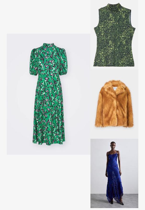 Palton scurt din blană sintetică maro, cu un guler larg, față deschisă și o suprafață moale și texturată, cu o croială normală și fără închideri vizibile.; Diane von Furstenberg NELLA DRESS - Rochie de zi - green; Top fără mâneci cu guler înalt, în model verde și albastru închis, având un design texturat, organic. Material moale cu o croială lejeră.; Rochie maxi cu imprimeu de animale în nuanțe de albastru și violet, cu bretele subțiri, corset strâns, tiv evazat și detalii de voal transparent.