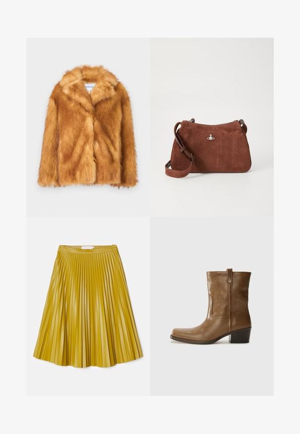 Lühike pruun künstlikarvane jope, millel on lai krae, avatud esiosa ja pehme, tekstuuriga pind, regulaarne lõige ning nähtamatud kinnitused puuduvad.; Beež ribi kudumil oleval sügava V-kaelusega, pikad varrukad ja tekstuurne paneel rinna piirkonnas. Lühendatud pikkus ja mugav lõige.; Vairakaalune seelik erksas sinepi kollases, valmistatud siledast ja läikivast kangast. Omab vöökohaga ja ulatub keskmise pikkuseni.; Pruun nahkne ankle boot ruudukujulise varbaga, tekstuuriga viimistluse ja madala virnastatud kontsaga. Sisaldab taga tõmbeaasat ja peeneid õmbluse detaile.; Pruun seemisnahast käekott, millel on tõmblukk, reguleeritav õlarihm ja hõbedased metalldetailid, millel on peene tekstuuriga pind.