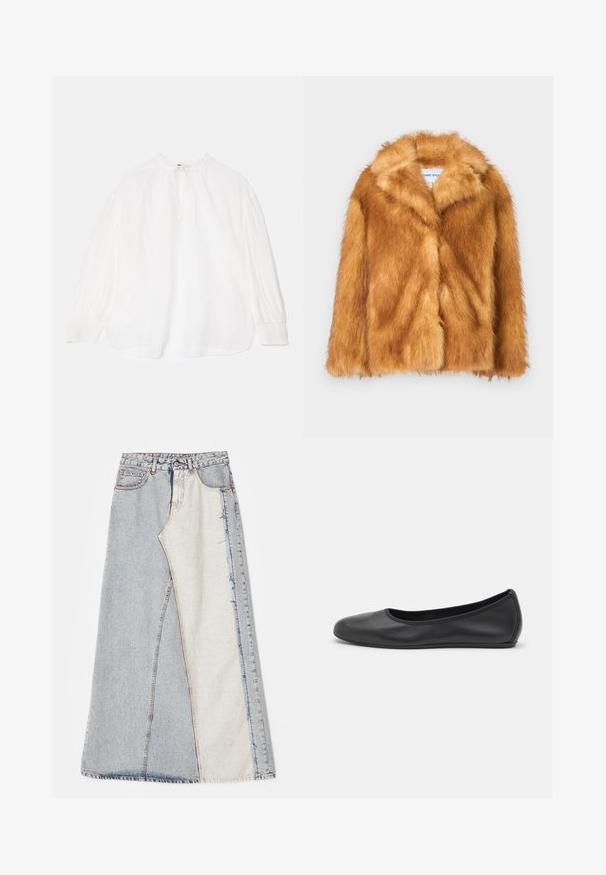 Korte bruine nepbontjas met een brede kraag, open voorkant en een zachte, gestructureerde oppervlakte. De jas heeft een regular fit en geen zichtbare sluitingen.; Witte blouse met lange, geplooide mouwen, een gestrikte halslijn en een ontspannen pasvorm. Kenmerkt zich door een licht gestructureerde stof en elastische manchetten.; Denim rok met een patchworkontwerp bestaande uit lichte en middelblauwe secties, rafelige zomen en een hoge taille. Klassiek vijf-pocket model.; Zwarte leren ballerina met een ronde neus, gladde textuur, minimale stikdetails en een flexibele zoolontwerp.
