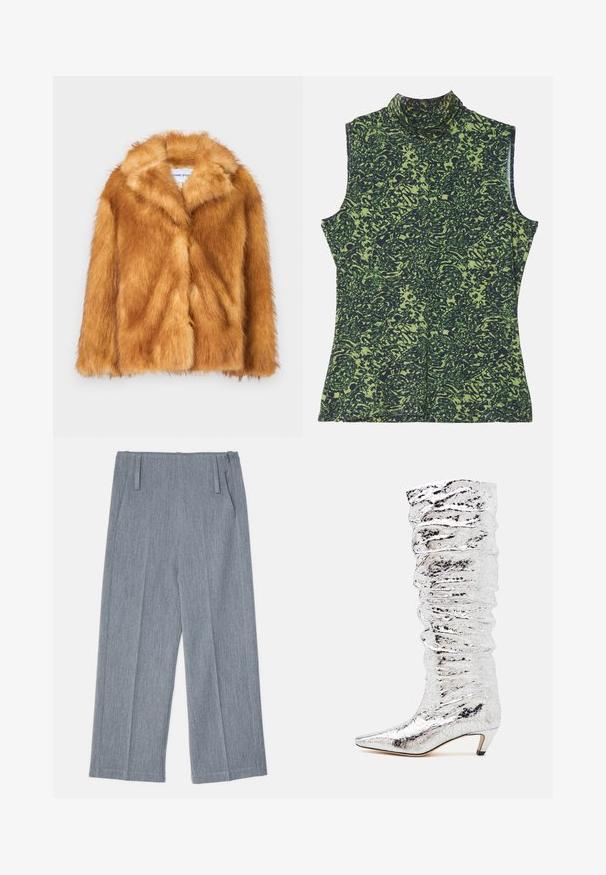 Korte bruine nepbontjas met een brede kraag, open voorkant en een zachte, gestructureerde oppervlakte. De jas heeft een regular fit en geen zichtbare sluitingen.; Mouwloze coltrui in een groen en donkerblauw patroon, met een textuur en een organisch ontwerp. Zachte stof met een relaxte pasvorm.; Lichtgrijze, wijde broek van textuurstof, voorzien van twee voorplooien en twee zijzakken. Strak, op maat gemaakt ontwerp.; Zilveren kniehoge laars met gekreukeld textuur, puntige neus en een lage hak. Gemaakt van glanzend materiaal met een reflecterend oppervlak.