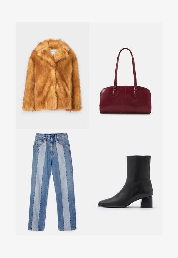 Kort brun kunstpelsjakke med bred krave, åben front og en blød, struktureret overflade med en regulær pasform og uden synlige lukninger.; Ærmeløs turtle neck top i grøn og mørkeblå mønster, med et struktureret, organisk design. Blødt stof med en afslappet pasform.; MM6 Maison Margiela POCKET TROUSERS - Jeans Relaxed Fit - blue denim; Sorte læder ankelstøvler med spids tå og en kraftig firkantet hæl. Glat overflade med et sømløst design og minimalistisk syning.; Zign LEATHER - Håndtasker - dark red