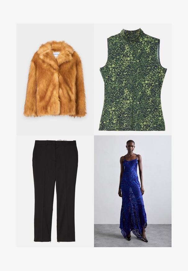 Abrigo corto de piel sintética marrón con un amplio cuello, diseño abierto y una superficie suave y texturizada, con un ajuste regular y sin cierres visibles.; Top sin mangas de cuello alto en un patrón verde y azul oscuro, con un diseño texturizado y orgánico. Tejido suave con un ajuste relajado.; Pantalones negros ajustados con un diseño recto, que cuentan con dos bolsillos frontales y cremalleras en los tobillos para un ajuste ajustable. Textura suave.; Vestido maxi de estampado animal en azul y morado con tirantes finos, un cuerpo ajustado, dobladillo acampanado y detalles de superposición transparente.