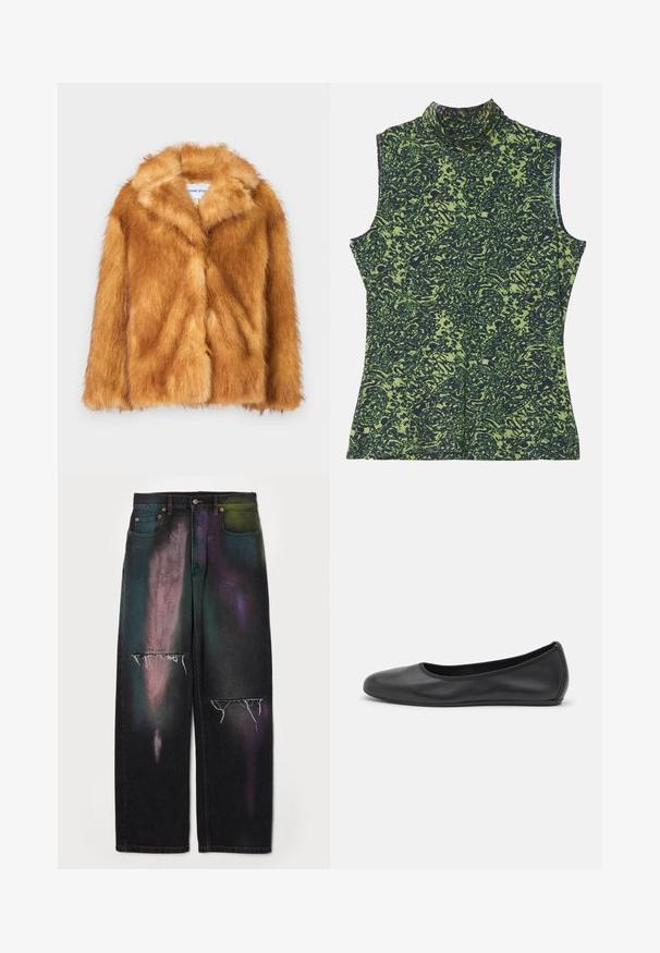 Kratka rjava plašč iz umetnega krzna, ki ima širok ovratnik, odprto spredaj ter mehak, teksturiran površinski material s siceršnjo prilegajočo se postavo in brez vidnih zapiranj.; Top brez rokavov z visokim ovratnikom v vzorcu zelene in temno modre barve, ki se ponaša z teksturiranim, organskim dizajnom. Mehka tkanina s sproščenim krojem.; MM6 Maison Margiela PANTS 5 POCKETS - Široke kavbojke - black; Črne usnjene balerinke z zaobljenim nosom, gladko teksturo, minimalnimi šivi in fleksibilno zasnovo podplata.