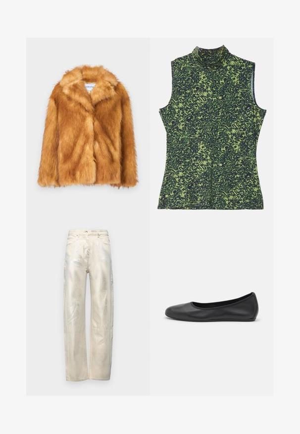 Korte bruine nepbontjas met een brede kraag, open voorkant en een zachte, gestructureerde oppervlakte. De jas heeft een regular fit en geen zichtbare sluitingen.; Mouwloze coltrui in een groen en donkerblauw patroon, met een textuur en een organisch ontwerp. Zachte stof met een relaxte pasvorm.; Lichtbeige wijde jeans met een metallic glans, vervaardigd uit denim met een gladde textuur en een standaard vijf-pocket ontwerp.; Zwarte leren ballerina met een ronde neus, gladde textuur, minimale stikdetails en een flexibele zoolontwerp.