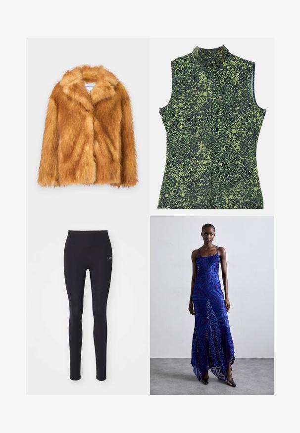 Kratki smeđi kaput od umjetnog krzna s širokim ovratnikom, otvorenim prednjim dijelom i mekom, teksturiranom površinom, regularnog kroja i bez vidljivih kopčanja.; Majica bez rukava s visokim ovratnikom u zelenoj i tamnoplavoj kombinaciji, s teksturiranim, organskim motivom. Mekana tkanina s opuštenim krojem.; Crne tajice izrađene od rastezljivog materijala, visoki struk, glatka tekstura, s detaljima šavova i malim logotipom.; Maksiduga haljina s uzorkom životinja u plavim i ljubičastim tonovima, s tankim naramenicama, uskim korzetom, lepršavim rubom i prozirnim detaljima na preklop.