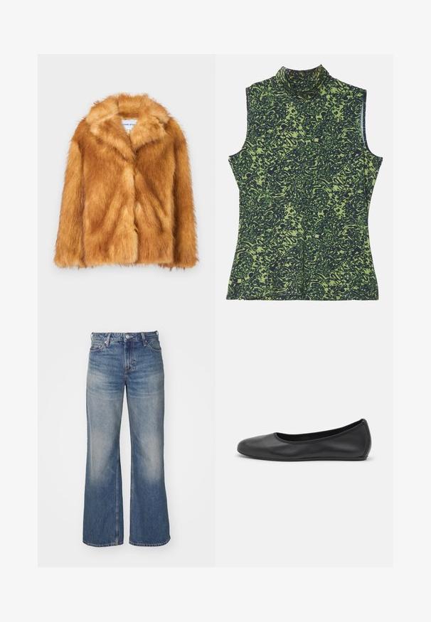 Trumpas rudas dirbtinio kailio švarkas su plačiu apykakle, atvira priekiu ir minkšta, tekstūruota paviršiumi, reguliaraus kirpimo ir be matomų užsegimų.; Bežėne rankovių golfas, žalias ir tamsiai mėlynas raštas, su tekstūruotu, organiniu dizainu. Minkšta medžiaga, pasižyminti laisvu siluetu.; Šviesiai mėlynos džinsinės kelnės su plačiomis kojomis, turinčios išblukusią dengtį, penkis kišenes ir sagų užsegimą. Išsamus siuvimas palei siules.; Juodai odiniai baletai su apvaliu pirštu, lygi texture, minimalus siuvimo detales ir lanksčiu padų dizainu.