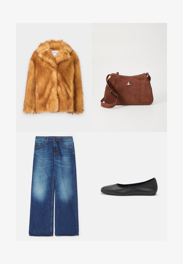 Kort brun kunstpelsjakke med bred krave, åben front og en blød, struktureret overflade med en regulær pasform og uden synlige lukninger.; Ærmeløs turtle neck top i grøn og mørkeblå mønster, med et struktureret, organisk design. Blødt stof med en afslappet pasform.; Bredde ben blå denim jeans med en falmet finish, der har et klassisk fem-lommekoncept og en frontknaplukning. Let slidte tekstur.; Sort læderballetsko med rund tå, glat tekstur, minimal syning og et fleksibelt såldesign.; Brun ruskinds taske med lynlås, justerbar skulderrem og sølvfarvede detaljer, der har en subtil tekstureret overflade.
