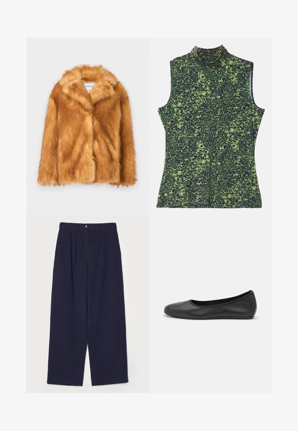 Krátky hnedý kabát z umelého kožúšku s širokým golierom, otvoreným predným dielom a jemným, štruktúrovaným povrchom s regulárnym strihom a bez viditeľných zapínaní.; Halenka bez rukávov s vysokým golierom v zelenej a tmavomodrej farbe, s textúrovaným, organickým vzorom. Mäkká tkanina s voľným strihom.; Námornícke modré široké nohavice vyrobené z textúrneho materiálu, s predným skladom, kovovým zapínaním a bočnými vreckami.; Čierne kožené baleríny s okrúhlou špičkou, hladkým povrchom, minimálnym prešívaním a flexibilným dizajnom podrážky.