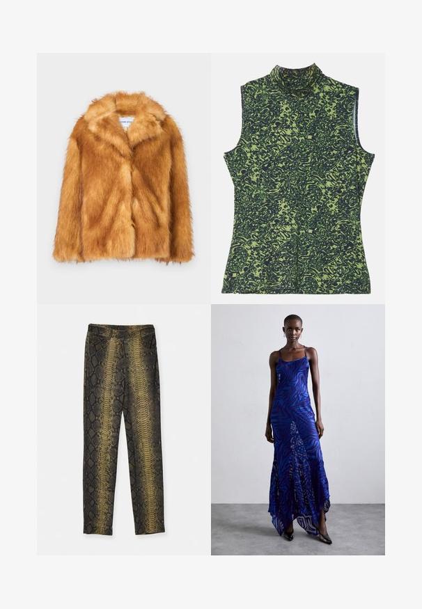 Kratka rjava plašč iz umetnega krzna, ki ima širok ovratnik, odprto spredaj ter mehak, teksturiran površinski material s siceršnjo prilegajočo se postavo in brez vidnih zapiranj.; Top brez rokavov z visokim ovratnikom v vzorcu zelene in temno modre barve, ki se ponaša z teksturiranim, organskim dizajnom. Mehka tkanina s sproščenim krojem.; Hlače z visokim pasom v vzorcu kačjega usnja, ki vsebujejo odtenke rjave in zlati. Narejene so iz gladkega blaga in imajo dve žepi.; Maxi obleka z živalskim vzorcem v modri in vijolični barvi, s tankimi naramnicami, oprijetim pasom, razširjenim robom in prosojnimi detajli.