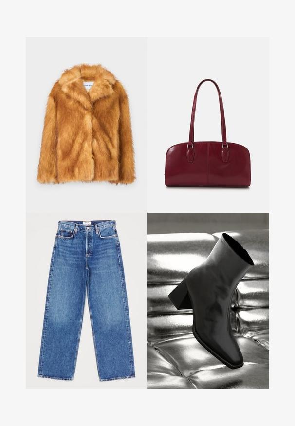 Krótki brązowy płaszcz z sztucznego futra z szerokim kołnierzem, otwartym przodem oraz miękką, teksturowaną powierzchnią, o regularnym kroju i bez widocznych zapięć.; Dwie koszulki z długim rękawem, jedna czarna, a druga biała, wykonane z miękkiej bawełny, z okrągłymi dekoltami i skróconym krojem.; Jeans w dżinsowym szerokim kroju w średnim niebieskim odcieniu z pięcioma kieszeniami, prostymi nogawkami i detalami ściegów. Etykieta marki widoczna na pasie.; Czarne botki za kostkę wykonane z błyszczącego materiału, z kwadratowym noskiem i zwężającym się obcasem, na tle błyszczącego srebrnego tapicerowanego tła.; Zign MURREN ciemnoczerwony