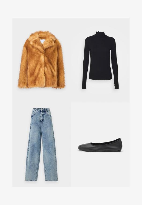 Kratki smeđi kaput od umjetnog krzna s širokim ovratnikom, otvorenim prednjim dijelom i mekom, teksturiranom površinom, regularnog kroja i bez vidljivih kopčanja.; Crni dugi rukav turtleneck majica izrađena od glatkog materijala, s volanima oko vrata i uskim siluetom s jednostavnim rubovima.; Visoke široke traperice svijetloplave boje, s prednjim džepovima, zatvaračem i detaljima šavova duž šavova.; Crne kožne baletanke s zaobljenim vrhom, glatke teksture, minimalnim detaljima šavova i fleksibilnim dizajnom potplata.