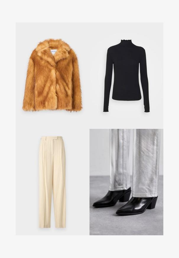 Korte bruine nepbontjas met een brede kraag, open voorkant en een zachte, gestructureerde oppervlakte. De jas heeft een regular fit en geen zichtbare sluitingen.; Zwarte langärmelige turtleneck top van soepel stof, met een gerimpelde hals en een aansluitende silhouet met eenvoudige randen.; Beige streepbroek met hoge taille, voorzien van plooien en een rechte pasvorm. Gemaakt van een gladde stof met een nette afwerking.; Zwarte leren enkellaarzen met een spitse neus en blokhak, gecombineerd met glanzende zilveren broeken, die slanke texturen en contrasterende kleuren laten zien.
