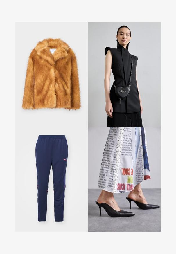 Kratka rjava plašč iz umetnega krzna, ki ima širok ovratnik, odprto spredaj ter mehak, teksturiran površinski material s siceršnjo prilegajočo se postavo in brez vidnih zapiranj.; Črn dolg rokav turtleneck zgornji del iz gladkega materiala, ki se ponaša z nabranim ovratnikom in prilegajočim silhueto s preprostimi robovi.; Mornarsko modri trenirka iz mehkega materiala ima prilegajoč dizajn, s purpurnimi stranskimi črtami in majhnim rožnato logotipom na levem zgornjem stegnu.; Črne usnjene mule s konicami in stiletto peto, v kombinaciji z belo vzorčasto obleko, ki vsebuje podrobnosti z vezanjem.; Črna brezrokavnica s strukturiranimi rameni, v kombinaciji s črno usnjeno torbico v obliki srca prek telesa, ki ima srebrne dodatke in logotip.