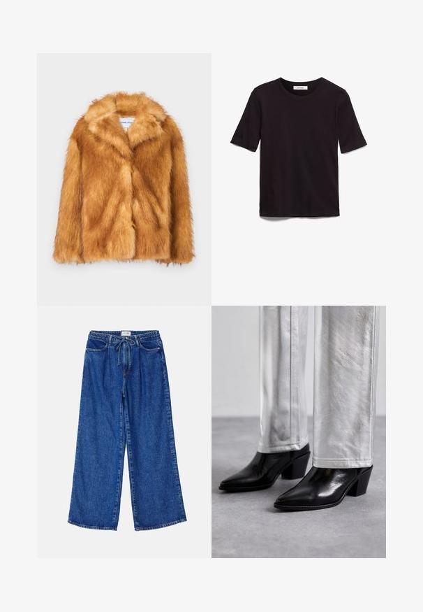 Krótki brązowy płaszcz z sztucznego futra z szerokim kołnierzem, otwartym przodem oraz miękką, teksturowaną powierzchnią, o regularnym kroju i bez widocznych zapięć.; Czarna koszulka z krótkim rękawem wykonana z miękkiej bawełny, z okrągłym dekoltem i gładką, równą strukturą w minimalistycznym stylu.; Niebieskie dżinsy o szerokich nogawkach, wykonane z denimu, z elastyczną talią ze sznurkiem, dwiema przednimi kieszeniami oraz luźnym krojem.; Czarne skórzane botki do kostek z ostrym noskiem i słupkowym obcasem, zestawione z błyszczącymi srebrnymi spodniami, podkreślające gładkie tekstury i kontrastujące kolory.