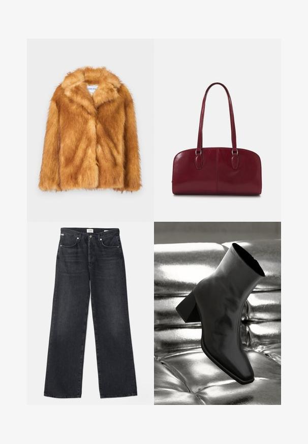 Casaco de pelo sintético castanho curto com gola larga, frente aberta e uma superfície macia e texturizada, com um corte regular e sem fechos visíveis.; T-shirt de manga longa branca com um rótulo "WEEKDAY" no colarinho interior, disposto em plano sobre um fundo cinza claro.; Jeans pretos de perna larga com um design clássico de cinco bolsos, feitos de tecido de denim. Apresenta um fecho de botão e um desbotamento subtil.; Botim preto de tornozelo feito de material brilhante, com bico quadrado e salto afunilado, posicionado contra um fundo prateado brilhante com detalhes acolchoados.; Zign LEATHER - Mala de mão - dark red