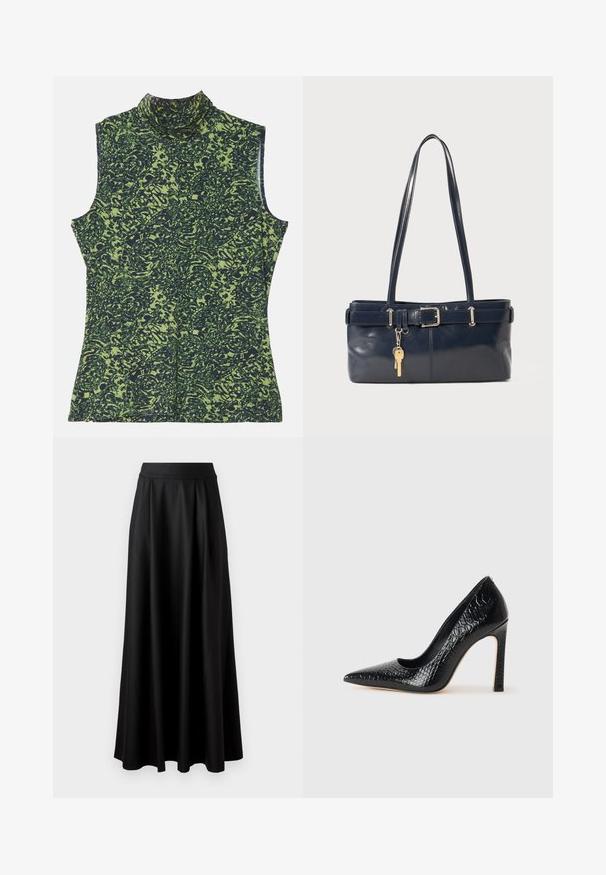 Short brown faux fur coat featuring a wide collar, open front, and a soft, textured surface with a regular fit and no visible fastenings.; Sleeveless turtleneck top in green and dark blue pattern, featuring a textured, organic design. Soft fabric with a relaxed fit.; Black, floor-length skirt with a smooth texture, wide waistband, and pleated design, featuring no visible patterns or embellishments.; Black pointed-toe high heel shoe with a crocodile-skin texture, featuring a sleek design, high stiletto heel, and smooth black interior.; Navy leather handbag with two long handles, a buckle detail, and a keychain attached. Features a smooth texture and a rectangular shape.