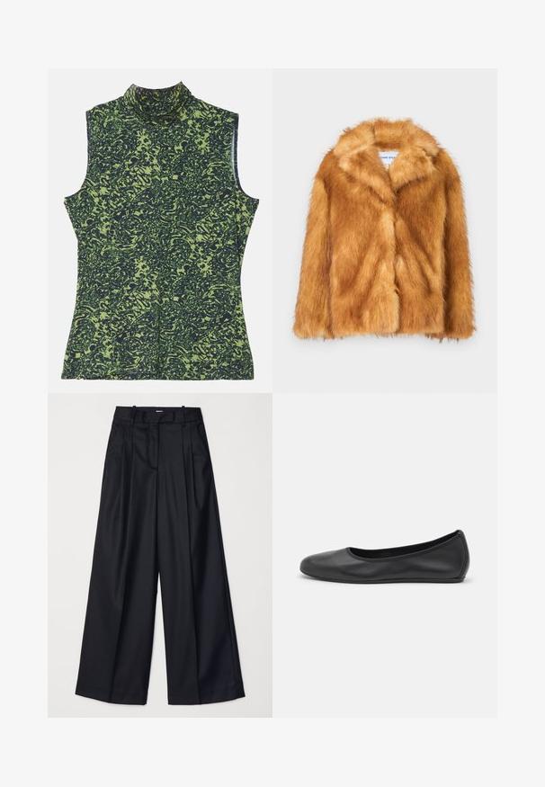 Krátky hnedý kabát z umelého kožúšku s širokým golierom, otvoreným predným dielom a jemným, štruktúrovaným povrchom s regulárnym strihom a bez viditeľných zapínaní.; Halenka bez rukávov s vysokým golierom v zelenej a tmavomodrej farbe, s textúrovaným, organickým vzorom. Mäkká tkanina s voľným strihom.; Čierne široké nohavice vyrobené z hladkej tkaniny, so zvýšeným pásom, plisovaním a strihom na mieru. Jednoduché čierne kovanie v oblasti pásu.; Čierne kožené baleríny s okrúhlou špičkou, hladkým povrchom, minimálnym prešívaním a flexibilným dizajnom podrážky.