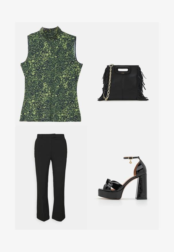 Lyhyt ruskea keinoturkis takki, jossa on leveä kaulus, avoin etuosa ja pehmeä, rakenteellinen pinta. Takki on normaalihko ja siinä ei ole näkyviä kiinnityksiä.; Hihaton, korkea kaulainen paita vihreässä ja tummansinisessä kuosissa, jossa on teksturoitu, orgaaninen muotoilu. Pehmeä kangas rentoa istuvuutta varten.; Musta räätälöity housut suoran lahkeen muotoilulla, joissa on vyölenkit ja sivutaskut. Valmistettu sileästä kankaasta, jossa on siisti viimeistely.; Maje Korolliset sandaalit - noir; Musta nahkakäekott, millel on frantsiisidetailid, kuldne õlgade rihm ja lõikega käepide. Ees on logo paigutus.