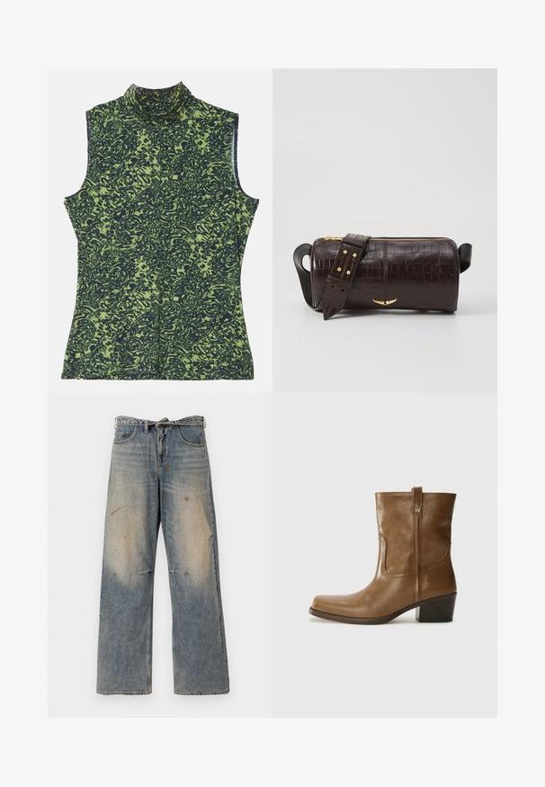 Kratki smeđi kaput od umjetnog krzna s širokim ovratnikom, otvorenim prednjim dijelom i mekom, teksturiranom površinom, regularnog kroja i bez vidljivih kopčanja.; Majica bez rukava s visokim ovratnikom u zelenoj i tamnoplavoj kombinaciji, s teksturiranim, organskim motivom. Mekana tkanina s opuštenim krojem.; Svjetloplave traperice s opuštenim, ravnim krojem. Imaju izgužvane, izblijedjele i oštećene detalje u blizini koljena. Klasičan stil s pet džepova.; Smeđa kožna cipela do gležnja sa četvrtastim vrhom, teksturiranim finišem i niskim složenim potpeticom. Ima stražnju petlju za navlačenje i suptilne detalje šivanja.; Smeđa torba od kože s embosiranim krokodilskim uzorkom, cilindričnog oblika, zlatne hardverske detalje i odvojivu naramenicu sa čavlima.