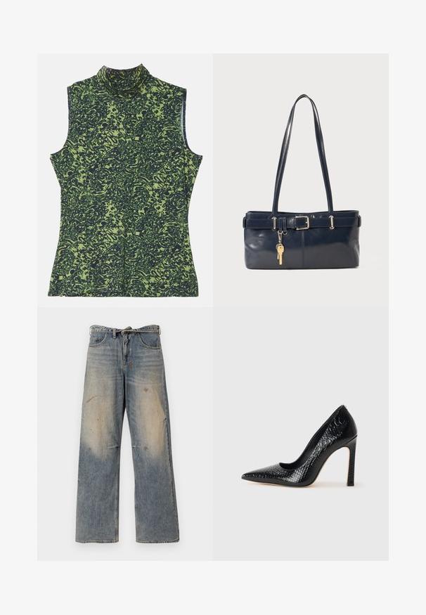 Krótki brązowy płaszcz z sztucznego futra z szerokim kołnierzem, otwartym przodem oraz miękką, teksturowaną powierzchnią, o regularnym kroju i bez widocznych zapięć.; Beżowa bluzka bez rękawów z golfem w zielono-ciemnoniebieski wzór, z teksturowanym, organicznym wzorem. Miękka tkanina o luźnym kroju.; Jasnoniebieskie dżinsy z luźnym krojem prostym. Posiadają efekty przetarć, blaknięcia oraz postrzępienia w okolicy kolan. Klasyczny pięciopocketowy styl.; Czarne szpilki z ostrym noskiem, pokryte teksturą skóry krokodyla, charakteryzujące się eleganckim wzornictwem, wysokim obcasem w stylu stiletto oraz gładkim czarnym wnętrzem.; Granatowa skórzana torebka z dwoma długimi uchwytami, detalem w postaci klamry oraz dołączonym breloczkiem. Charakteryzuje się gładką teksturą i prostokątnym kształtem.