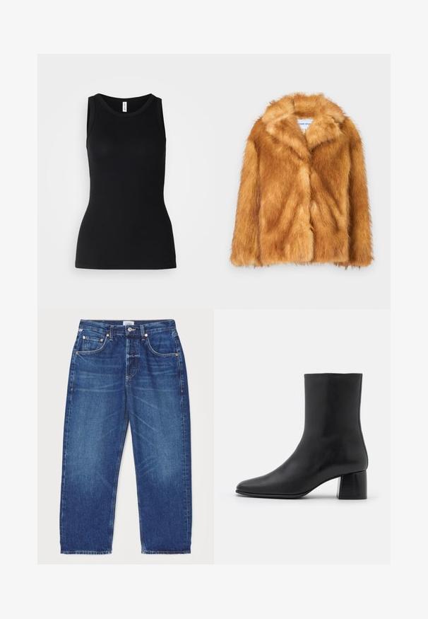 Kort brun kunstpelsjakke med bred krave, åben front og en blød, struktureret overflade med en regulær pasform og uden synlige lukninger.; Sort ærmeløs tanktop lavet af ribbet stof, med rund halsudskæring og tætsiddende design, med en glat overflade og uden mønstre.; Citizens of Humanity DAHLIA IN CLAREMONT - Jeans Relaxed Fit - dark-blue denim; Sorte læder ankelstøvler med spids tå og en kraftig firkantet hæl. Glat overflade med et sømløst design og minimalistisk syning.