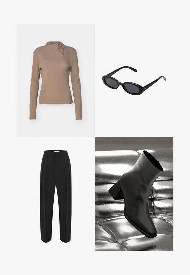 Krátky hnedý kabát z umelého kožúšku s širokým golierom, otvoreným predným dielom a jemným, štruktúrovaným povrchom s regulárnym strihom a bez viditeľných zapínaní.; Gestuz DREW KNOT - Top s dlhým rukávom - shitake; Čierne široké nohavice s vysokým pásom, s hladkou textúrou a dvoma prednými záhybmi. Navrhnuté s čistým, strihaným strihom.; Čierne členkové topánky vyrobené z lesklého materiálu so štvorcovou špičkou a zúženým podpätkom, na lesklom striebornom podklade s vystuženým vzorom.; Čierne oversized slnečné okuliare s oválnymi šošovkami, hladkým plastovým rámom a zlatými akcentmi na straniciach. Tmavé šošovky poskytujú ochranu pred slnkom.; Zign LEATHER - Kabelka - dark red