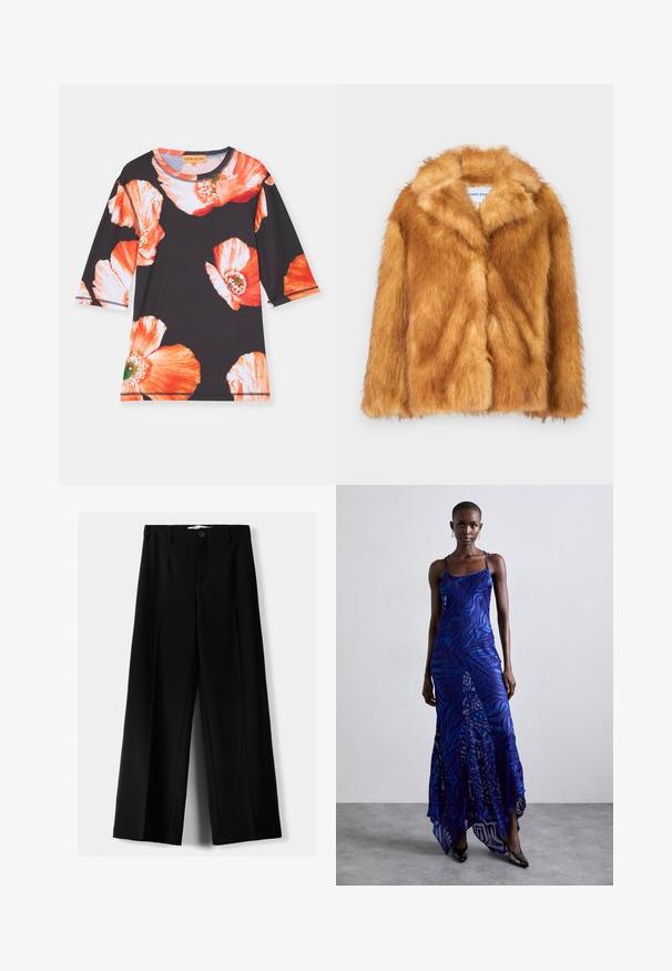 Cappotto corto in pelliccia sintetica marrone, con ampio colletto, apertura frontale e una superficie morbida e testurizzata, dal fit regolare e senza chiusure visibili.; Maglietta nera a tre quarti con grandi motivi floreali rossi e arancioni. Tessuto morbido con scollo rotondo e rifiniture a contrasto.; Pantaloni neri a gamba larga realizzati in tessuto leggero, caratterizzati da una chiusura frontale con bottone e frontale piatto, con orli cuciti con precisione.; Abito maxi con stampa animale blu e viola, con spalline sottili, corpetto aderente, orlo svasato e dettagli in overlay trasparente.