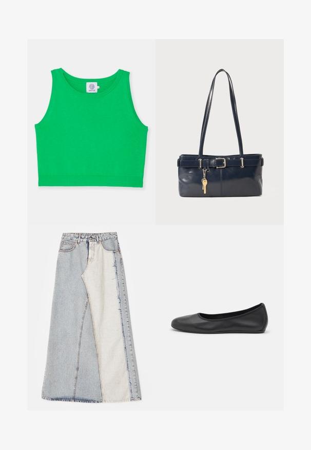 Palton scurt din blană sintetică maro, cu un guler larg, față deschisă și o suprafață moale și texturată, cu o croială normală și fără închideri vizibile.; Top scurt verde dintr-un material moale, cu decolteu rotund și margine rigă. Fără modele sau accente. Eticheta este vizibilă la decolteu.; Fustă din denim cu un design patchwork, având secțiuni de albastru deschis și mediu, margini desfăcute și talie înaltă. Stil clasic cu cinci buzunare.; Balerini din piele neagră, cu vârf rotund, textură netedă, detalii de cusătură minimale și un design al tălpii flexibil.; Geantă de piele bleumarin cu două mânere lungi, detaliu cu cataramă și un breloc atașat. Are o textură netedă și o formă rectangulară.